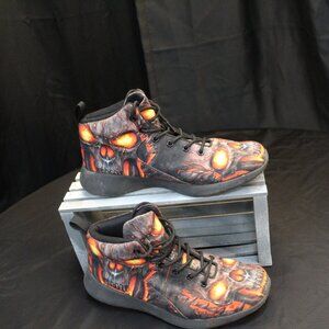 Men's Black and Orange Skull Design Sneakers